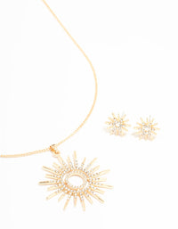 Gold Statement Diamante Sun Necklace & Stud Earrings Set - link has visual effect only