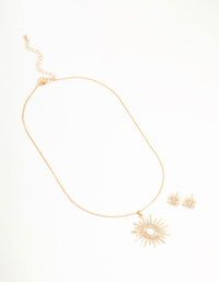 Gold Statement Diamante Sun Necklace & Stud Earrings Set - link has visual effect only
