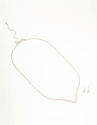 Silver Cubic Zirconia V-Necklace & Stud Earrings Set - link has visual effect only