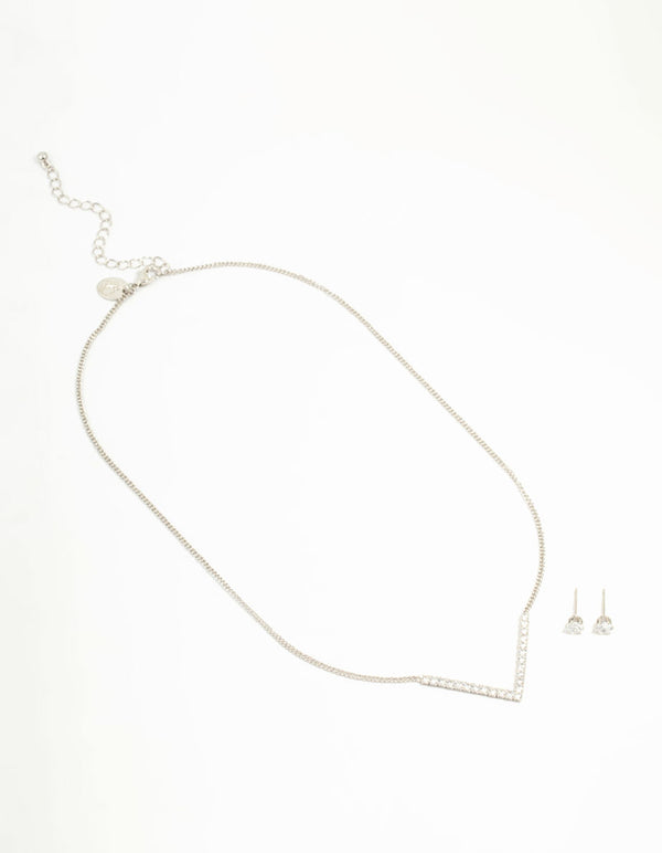 Silver Cubic Zirconia V-Necklace & Stud Earrings Set