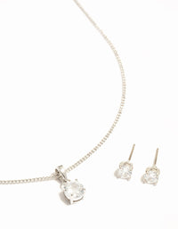 Silver Cubic Zirconia Solitaire Necklace & Stud Earrings Set - link has visual effect only