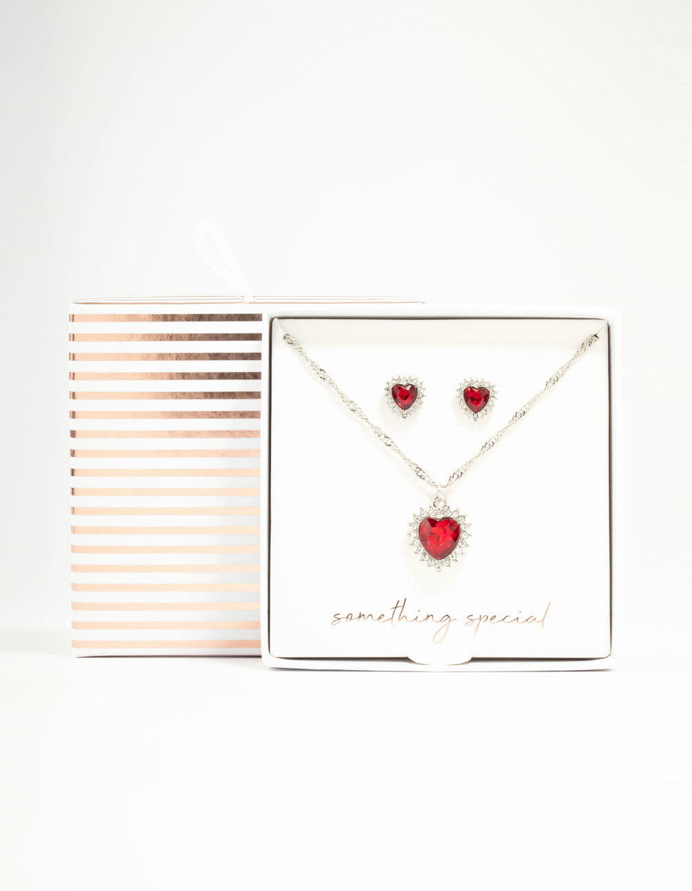 Red Heart Halo Necklace & Stud Earrings Set