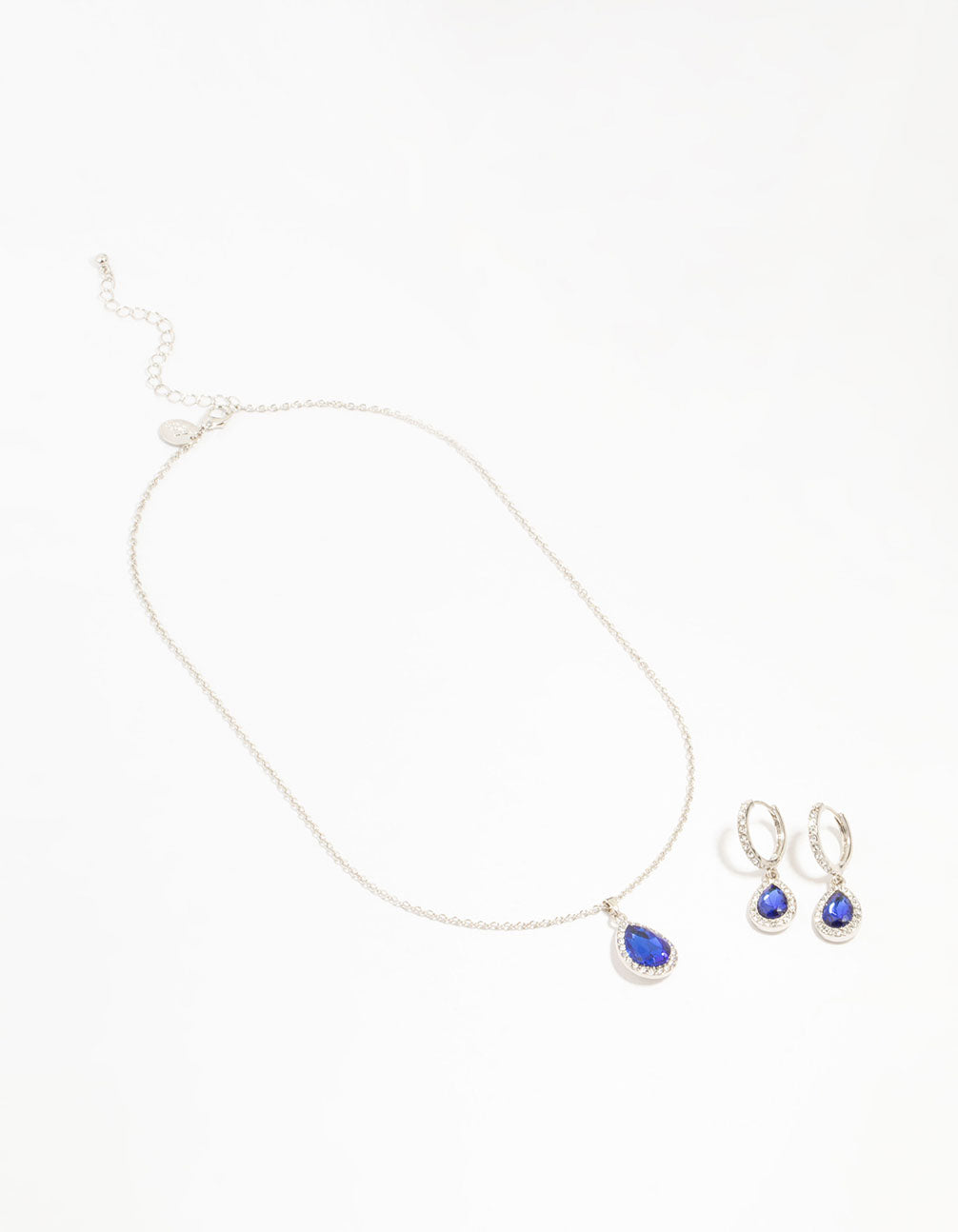 Silver Blue Diamante Halo Necklace & Huggie Earrings Set