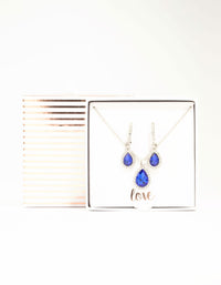 Silver Blue Diamante Halo Necklace & Huggie Earrings Set - link has visual effect only