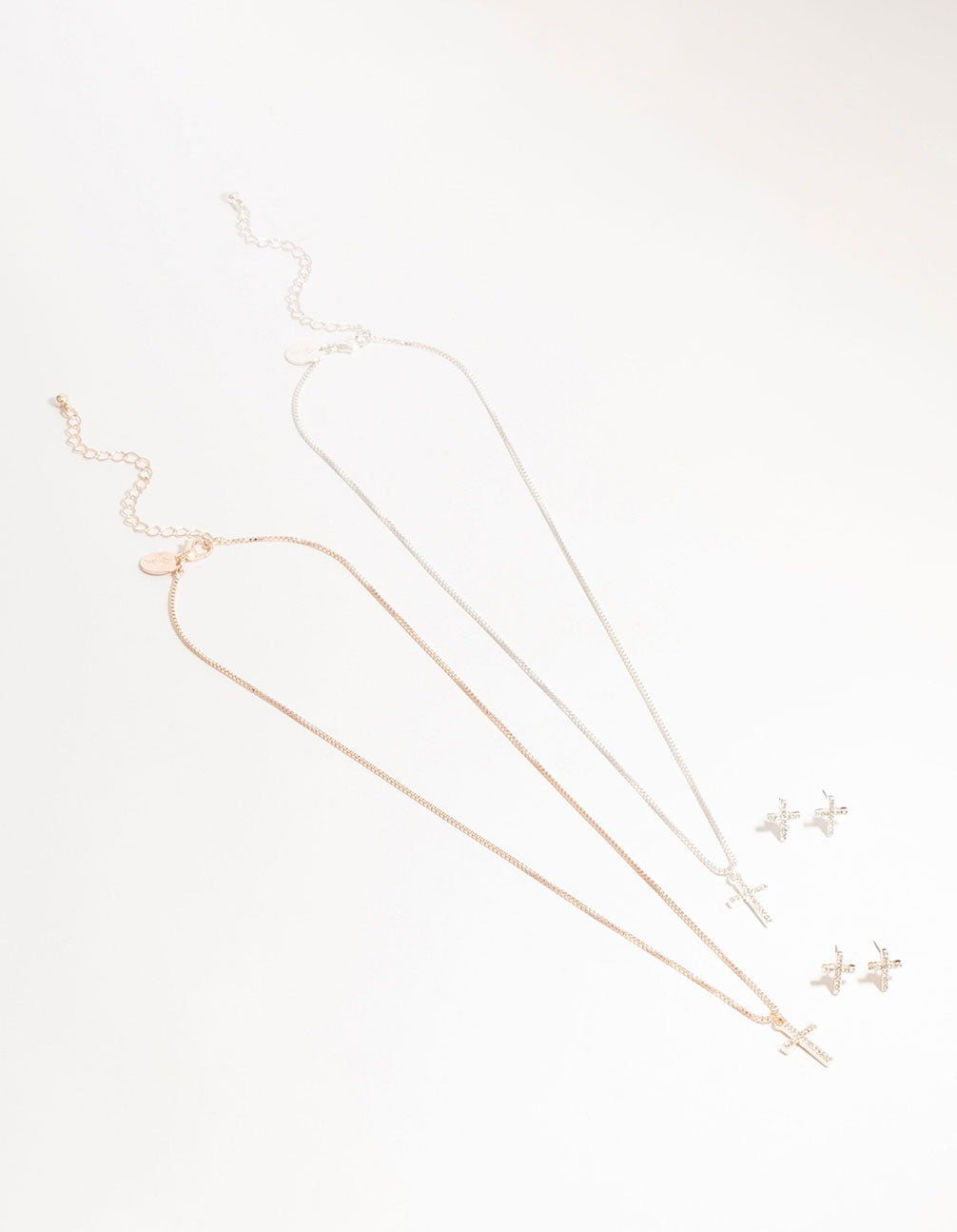 Mixed Metals Diamante Cross Necklace & Stud Earrings Set
