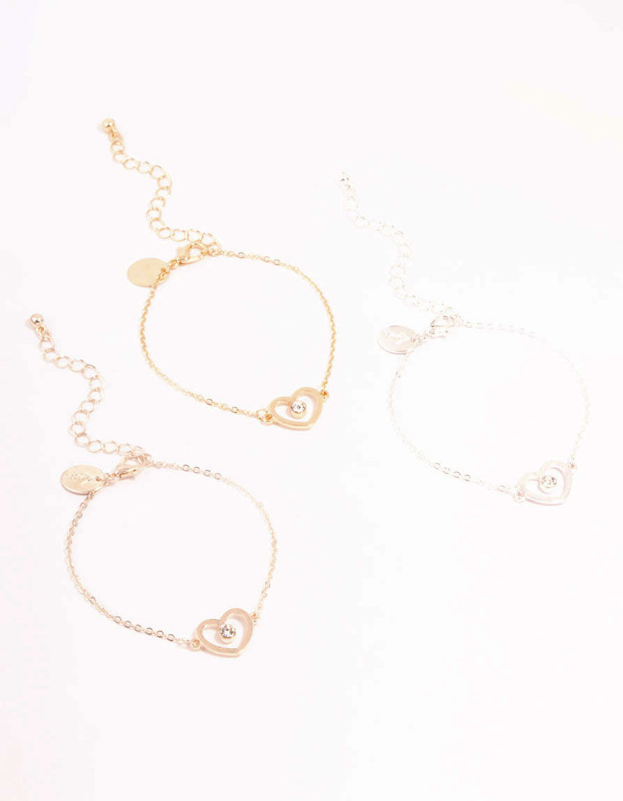 Mixed Metals Diamante Heart Outline Bracelets 3-Pack