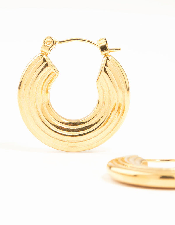 Waterproof Gold Plated Stainless Steel Wide Line Textured Hoop Earrings