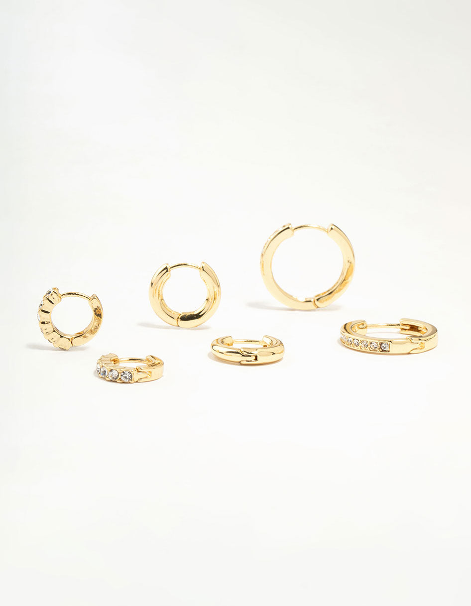 Gold Plated Plain & Diamante Hoop Earrings 3-Pack