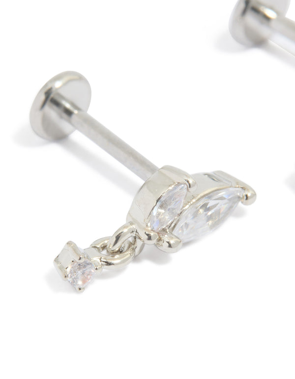 Featuring surgical steel cubic zirconia flat back studs close up view