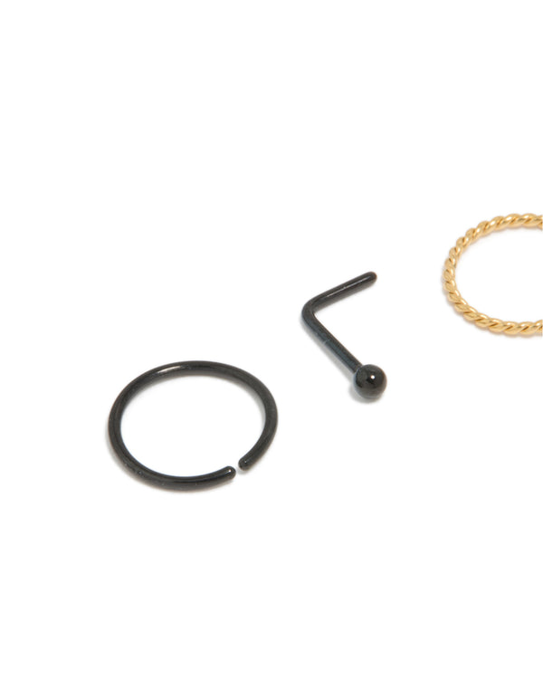 Mixed Metal Plated Surgical Steel Diamante Twist Nose Rings & Studs 4-Pack