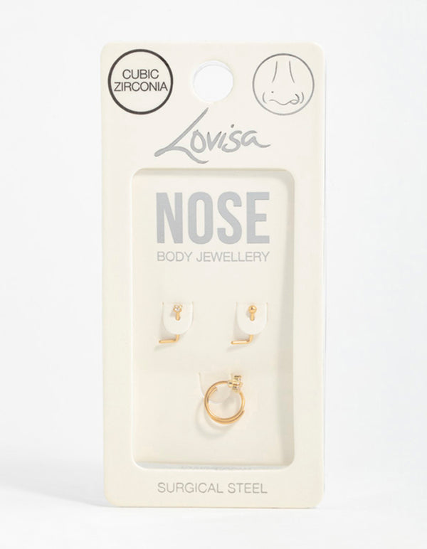 Gold Plated Surgical Steel Mini Cubic Zirconia Flower Nose Stud & Ring 3-Pack