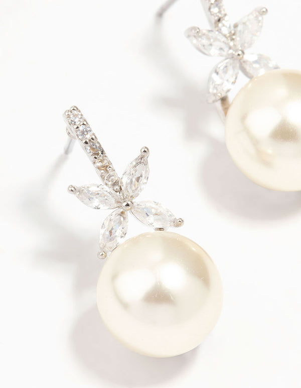 Silver Star Cubic Zirconia & Pearl Drop Earrings