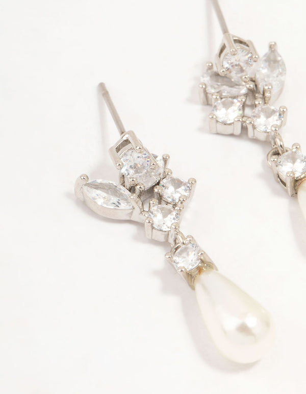 Silver Cubic Zirconia & Long Pearl Drop Earrings
