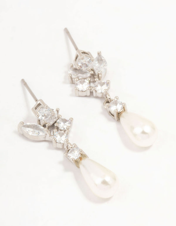 Silver Cubic Zirconia & Long Pearl Drop Earrings