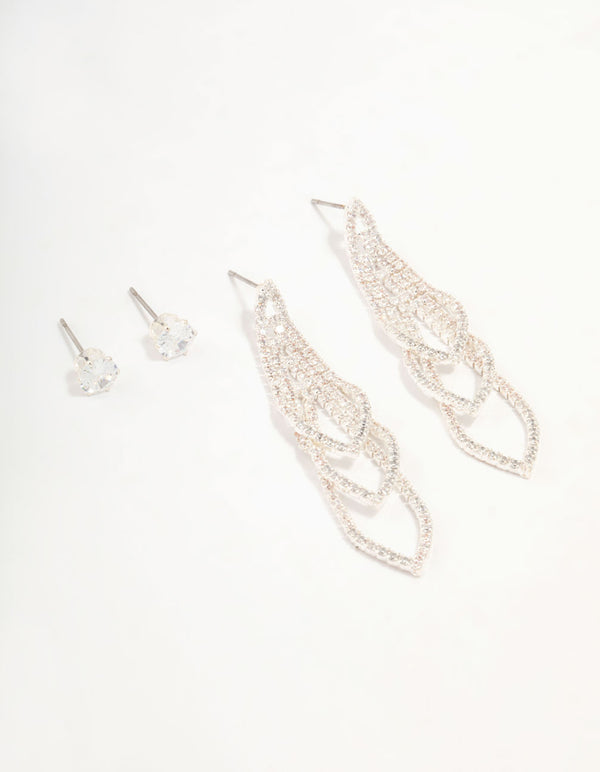 Silver Cubic Zirconia Cupchain Drop & Stud Silver Earrings Set