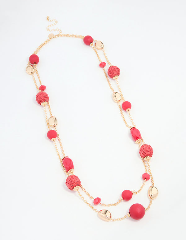 Pink Straw Beads Gold Necklace