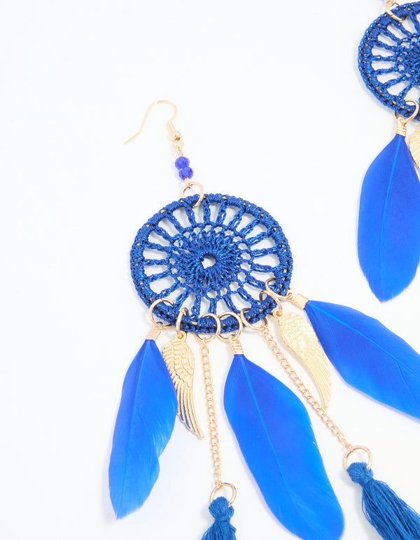 Blue Feather Dreamcatcher Drop Earrings