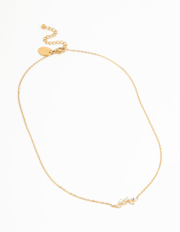 Waterproof Gold Plated Stainless Steel Cubic Zirconia Leaf Pendant Necklace