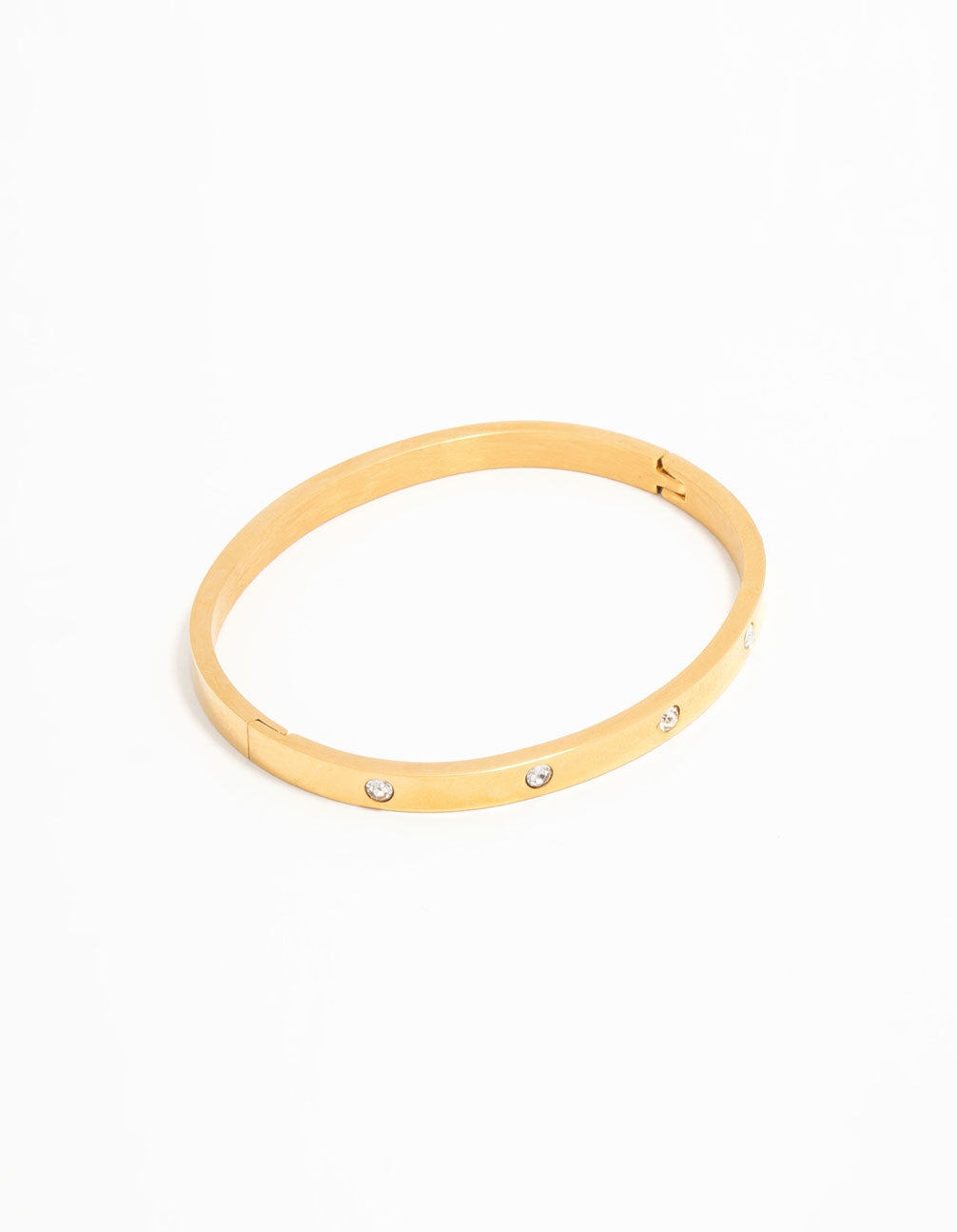 Showcasing a waterproof gold plated stainless steel diamante hinge bangle with crystal accents front view