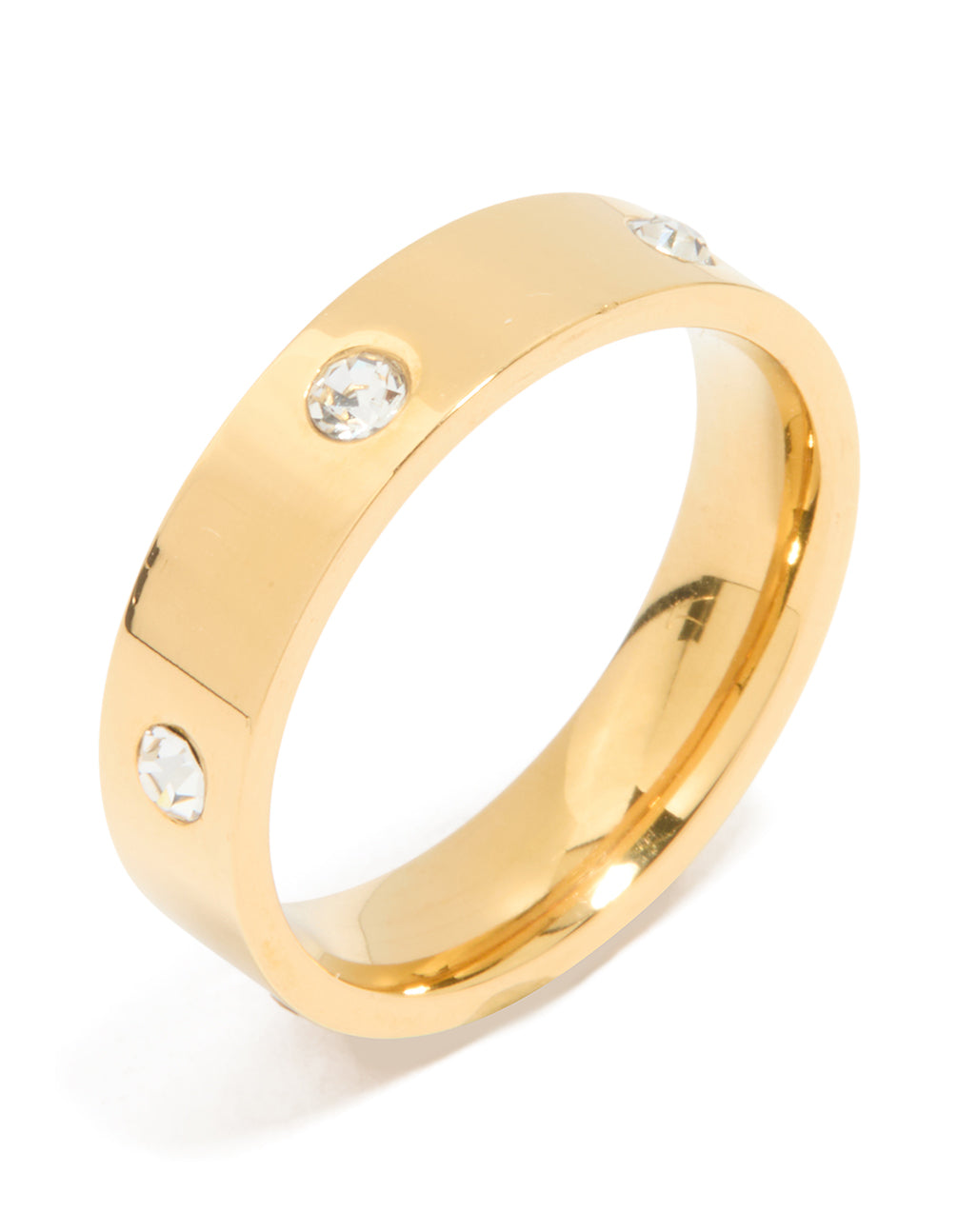 Designed with a waterproof gold plated stainless steel cocktail band ring featuring cubic zirconia side detail view