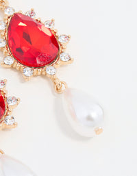 Red Diamante & Pearl Gold Drop Earrings - link has visual effect only