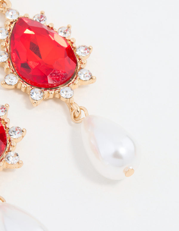 Red Diamante & Pearl Gold Drop Earrings