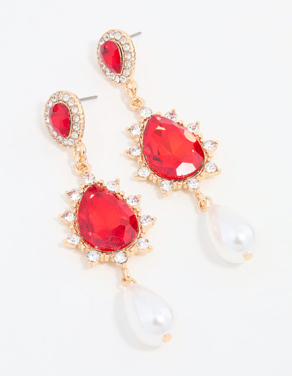 Red Diamante & Pearl Gold Drop Earrings