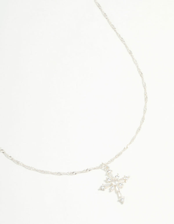 Silver Plated Cubic Zirconia Snowflake Cross Necklace