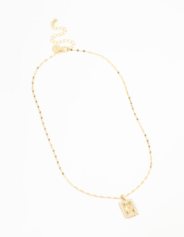Gold Plated Cubic Zirconia Rectangle Mary Necklace