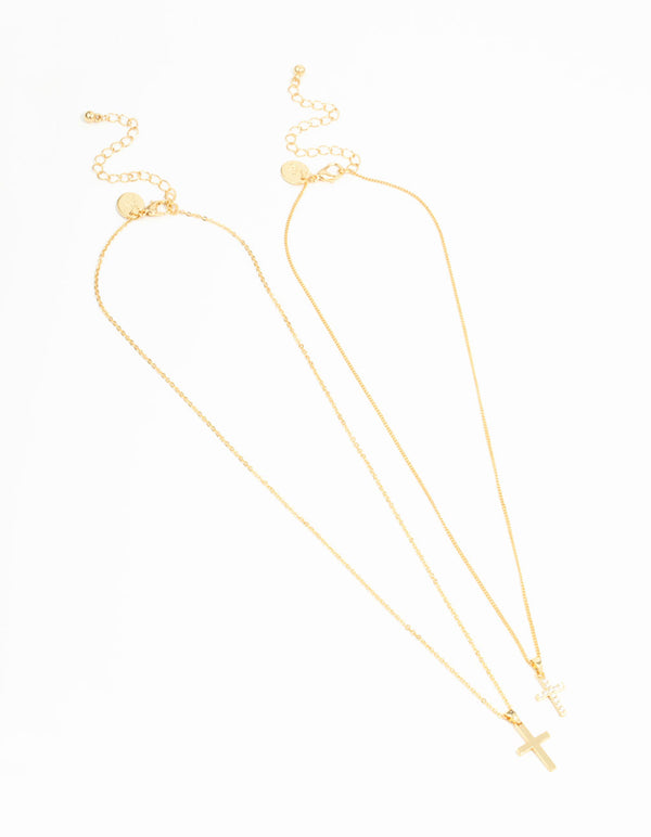 Gold Plated Cubic Zirconia & Plain Cross Necklaces 2-Pack