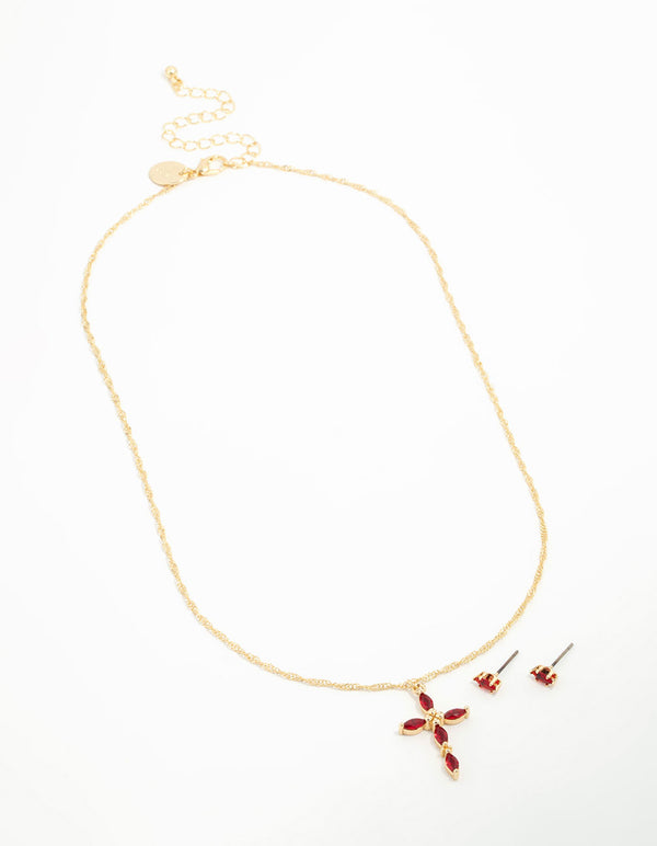 Gold Plated Red Diamante Pointed Cross Necklace & Stud Earrings Set