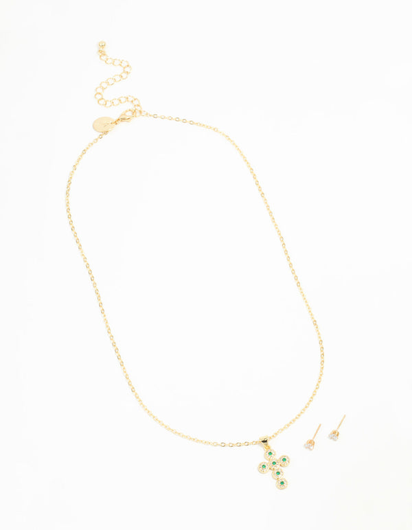 Gold Plated Green Cubic Zirconia  Cross Necklace & Stud Earring Set