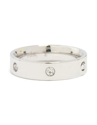 Showcasing a waterproof stainless steel cubic zirconia cocktail band ring in statement style with silver and clear stones front view - link has visual effect only