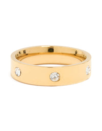 Showcasing a waterproof gold plated stainless steel cocktail band ring featuring cubic zirconia front view - link has visual effect only