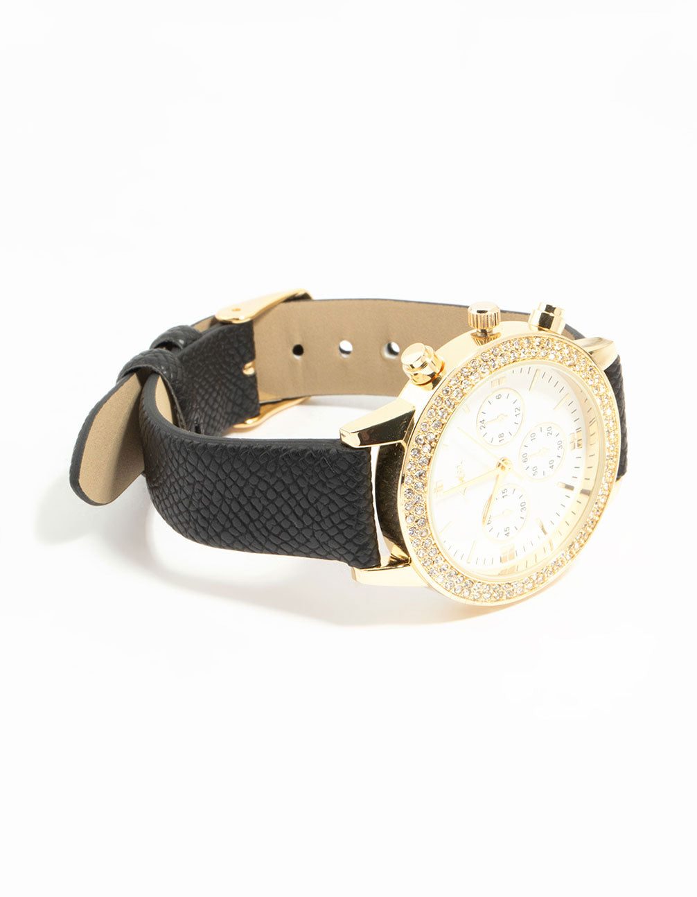Elegantly designed women's chronograph mechanical timepiece with diamante stone look dial in white, round shape, formal occasion styling, PU leather strap in black, and gold accents for casual occasions front view