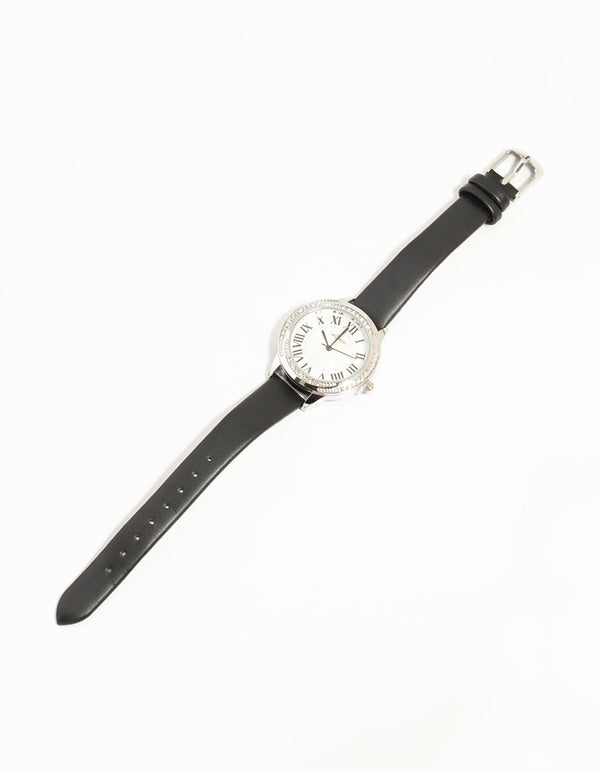 Black PU Leather Roman Numerals Analogue Watch