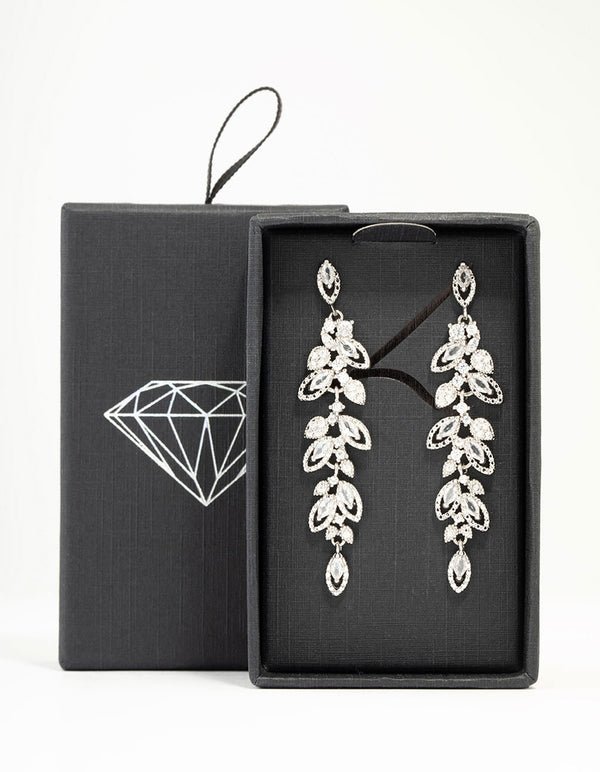 Silver Cubic Zirconia Cluster Leaf Drop Earrings