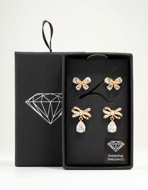 Gold Cubic Zirconia Bow Stud Earrings 2-Pack