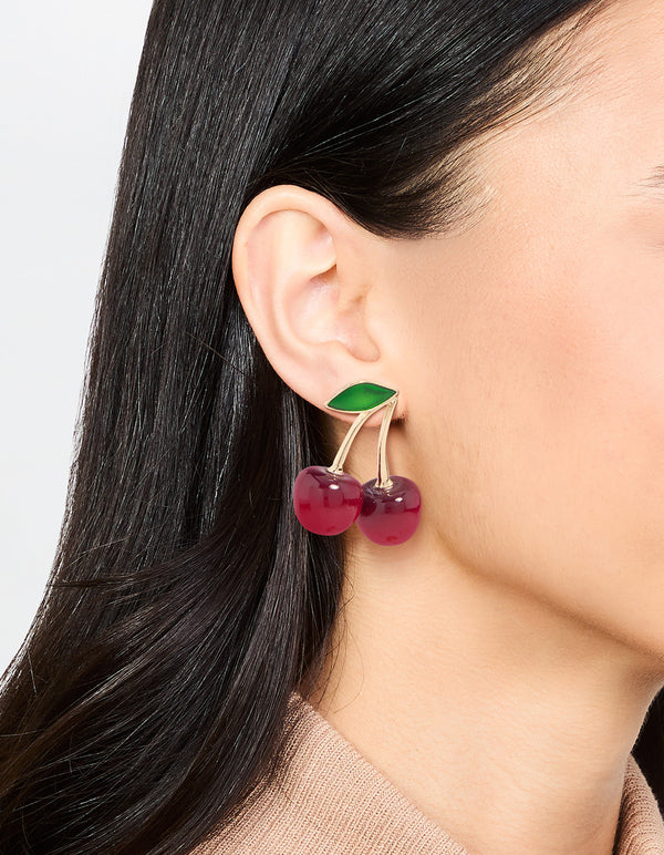 Red Double Cherry Drop Gold Earrings