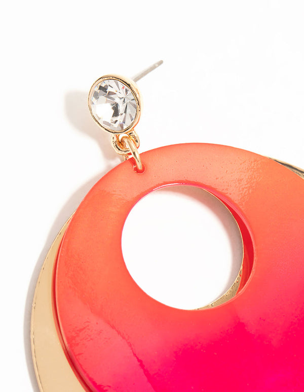 Gold Pink Diamante &  Circle Drop Earrings