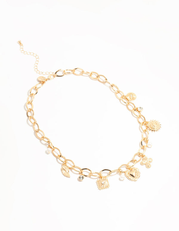 Gold Pearl & Heart Charm Short Necklace