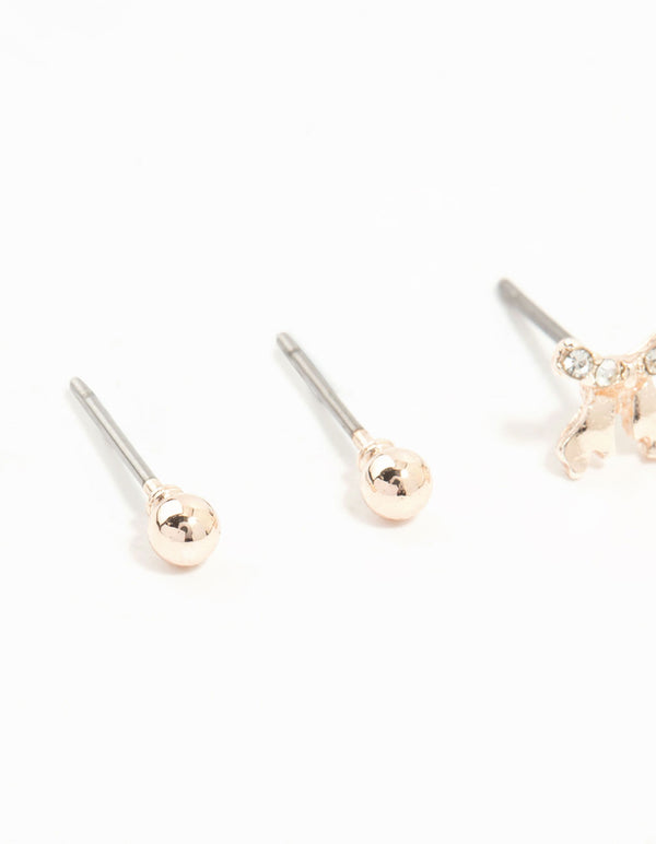 Rose Gold Dainty Heart & Bow 3-Pack Earrings
