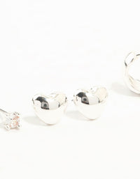 Silver Cubic Zirconia Chubby Heart Stud & Hoop Earrings 3-Pack - link has visual effect only