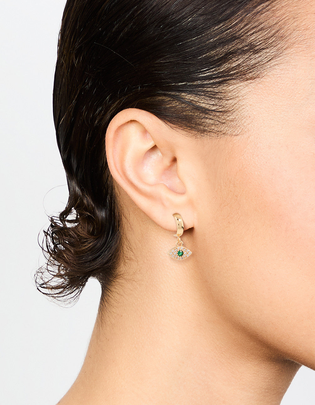 Gold Cubic Zirconia Evil Eye Huggie Drop Earrings
