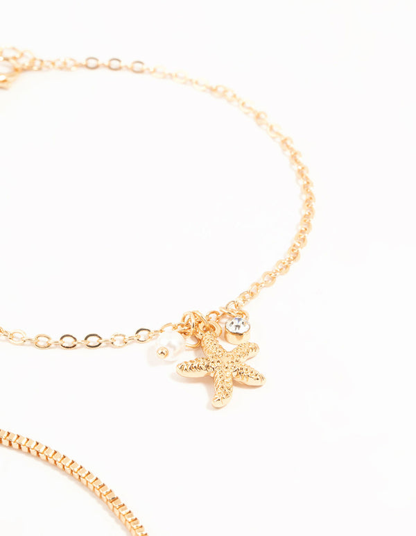 Gold Starfish & Mixed Chain Anklet 3-Pack
