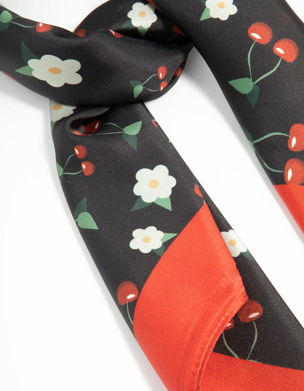 Red & Black Fabric Floral Cherry Scarf