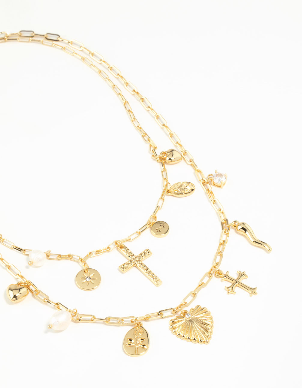 Gold Plated Freshwater Pearl, Cross & Heart Charm Necklace