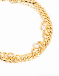Gold Plated Cubic Zirconia Station & Chain Layered Bracelet - link has visual effect only
