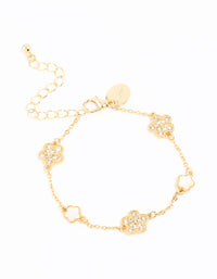 Showcasing a gold plated alternating small and medium flower bracelet featuring charm details in white front view - link has visual effect only