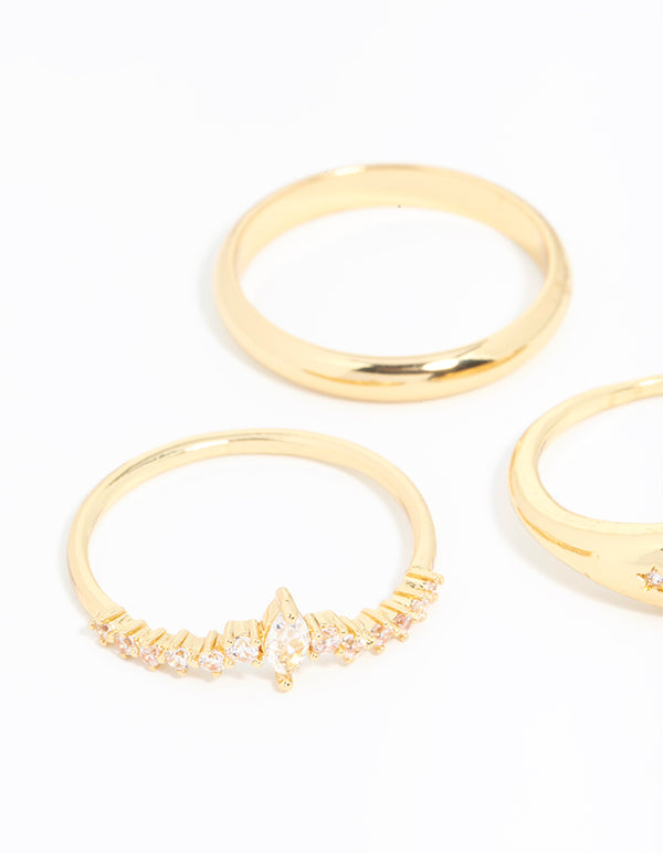 Gold Plated Cubic Zirconia Cluster & Plain Rings 3-Pack